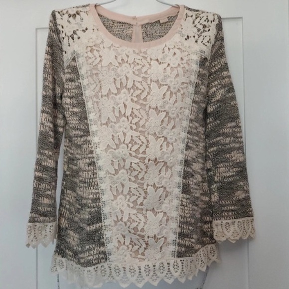 Anthropologie Champagne and  Strawberry sz Small Cream & Blush Pink Lace Sweater - Picture 2 of 5